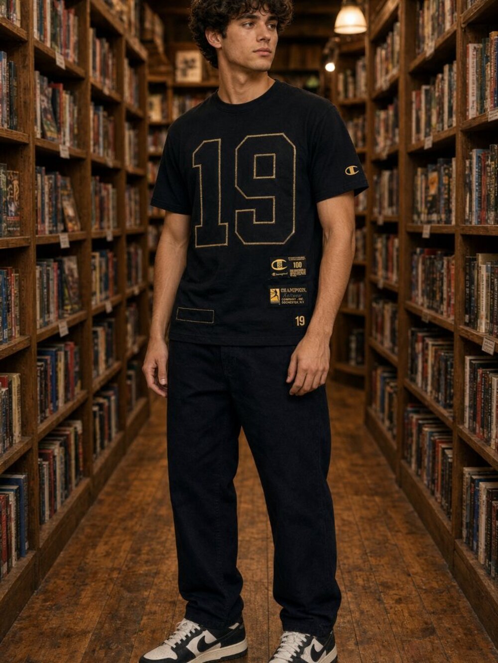 Champion Men Black Century Collection Short Sleeve Decorations Tee Logo US XS